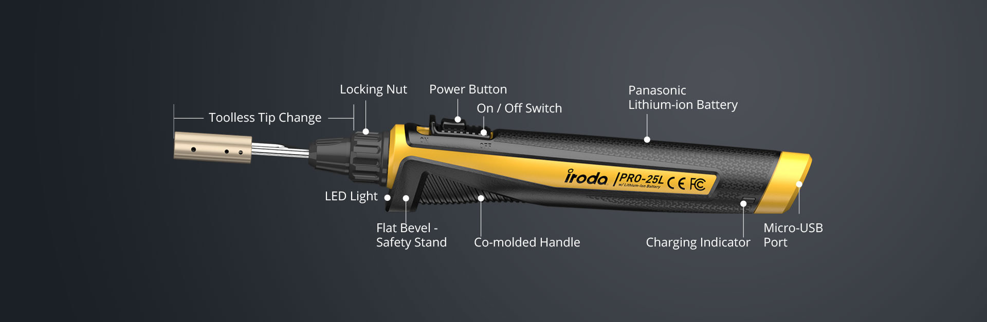 Horizontal Description of PRO-25LP USB Rechargeable Plastic Welding Iron from Pro-Iroda