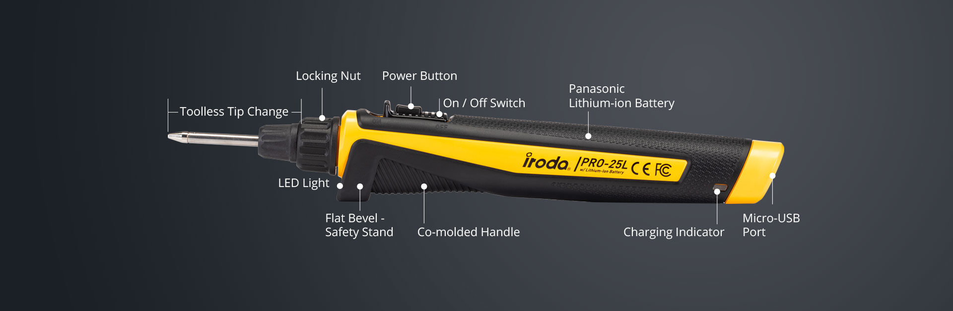 Horizontal Description of PRO-25L USB Battery Rechargeable Soldering Iron from Pro-Iroda